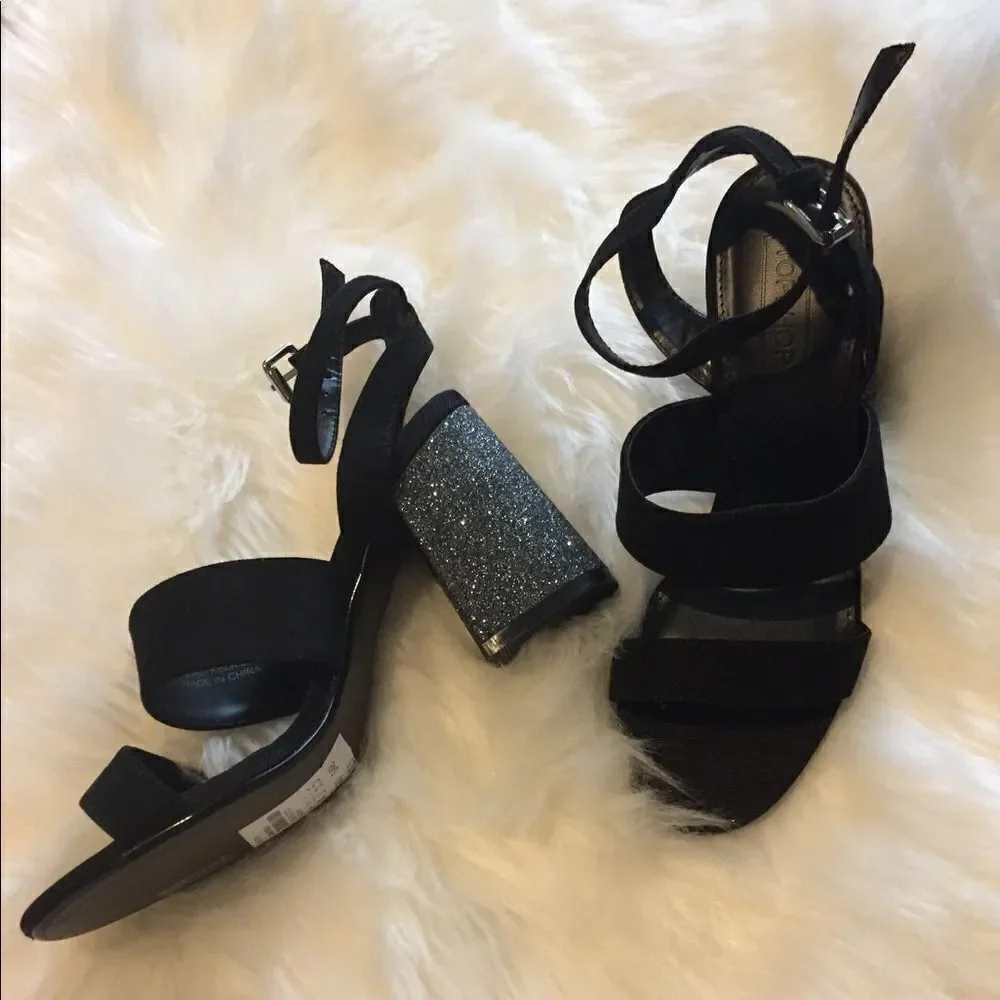 Topshop Women's Black Chunky Sparking Heel Strappy Sandals, Size 6.5